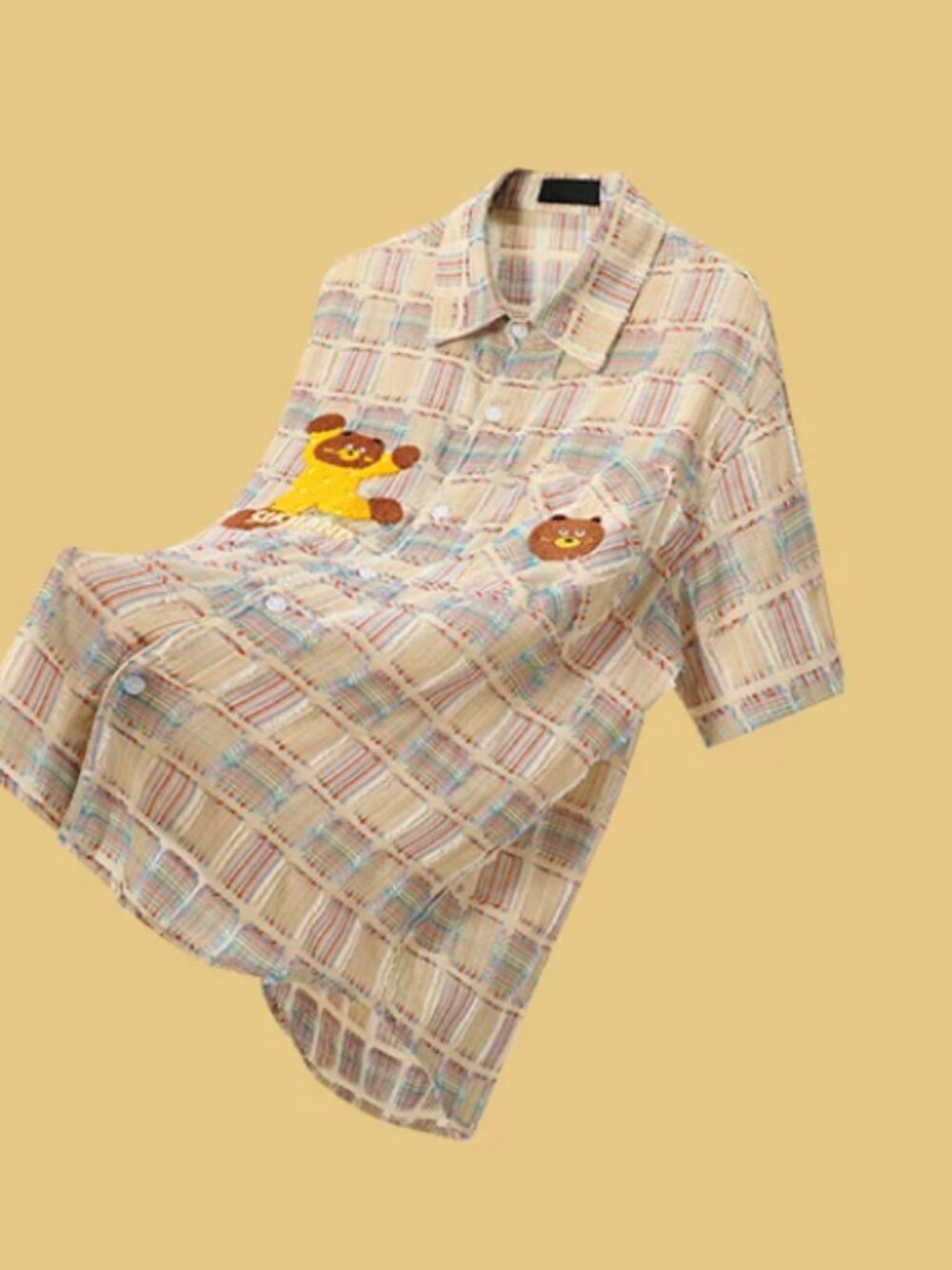 Multicolor Plaid Bear Print Shirt